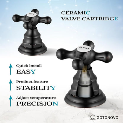 gotonovo Bathroom Faucet 3 Hole 8 Inch Widespread Bathroom Sink Faucet 2 Cross Handles Vintage Lavatory Vanity Mixer Tap with Pop Up Drain, HOT Cold Label, Oil-Rubbed Bronze