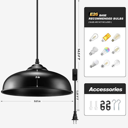 Plug in Pendant Light, Black Farmhouse Pendant Light Fixture with On/Off Switch, Vintage Hanging Lights with Plug in Cord, E26 Pendant Lighting for Kitchen Dining Room