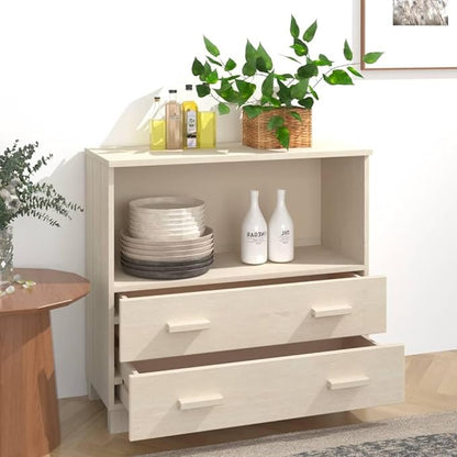 Honey Brown Solid Pine Wood Sideboard Buffet Cabinet with 3 Drawers & Open Shelf, 33.5L x 13.8W x 31.5H, Small Storage Unit for Dining Room, Kitchen, Entryway