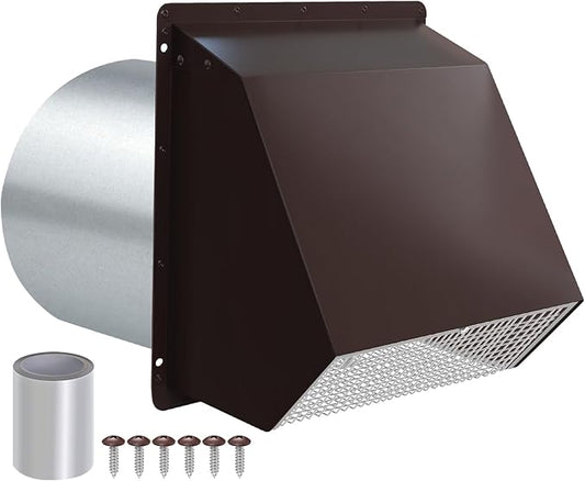 10 Inch Hooded Wall Vent with Screen and Damper, Outdoor Wall Exhaust Vent Cover Cap for Kitchen Range Hood Dryer Exterior Ventilation and Outside Air Exhaust, Galvanized Steel, Brown
