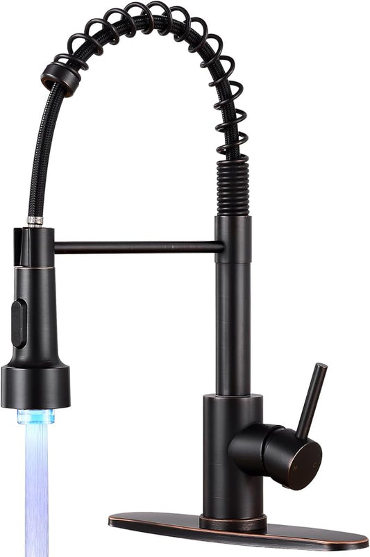 Kitchen Faucet with LED Pull Down Sprayer,Commercial Single Handle Stainless Steel Kitchen Faucets with Deck Plate (ORB)