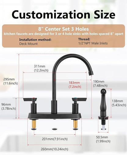 Kitchen Faucet with Sprayer 2 Handle Kitchen Sink Faucets 8 Inch Centerset 3 Hole with Supply Lines Matte Black
