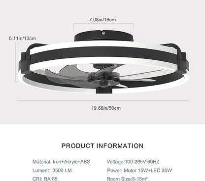Garwarm 20 Inch Ceiling Fans with Lights and Remote, Modern Low Profile Ceiling Fan,3000K-6000K Dimmable LED Small Fan Light Fandelier for Bedroom,Black