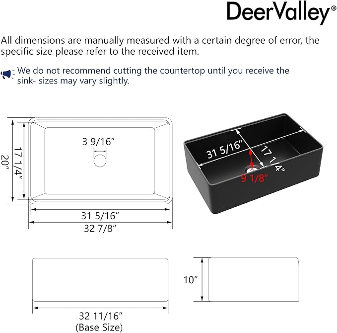 DeerValley Black Farmhouse Sink for Kitchen 33 inch, Fireclay Farmhouse Single Bowl Kitchen Sink, Front Apron Workstation Sinks with Grid, Strainer & Workstation Accessories