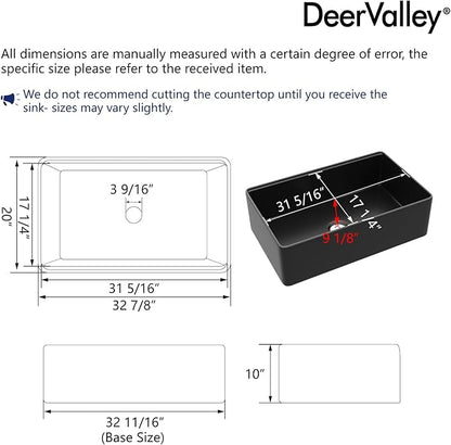 DeerValley Black Farmhouse Sink for Kitchen 33 inch, Fireclay Farmhouse Single Bowl Kitchen Sink, Front Apron Workstation Sinks with Grid, Strainer & Workstation Accessories