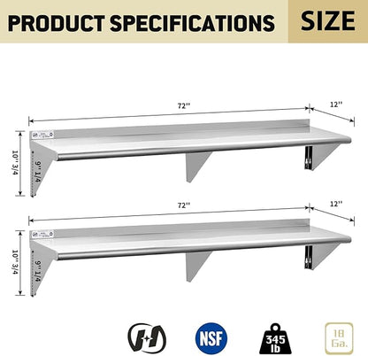 Hally Stainless Steel Shelf Wall Mounted Metal Shelf Wall Shelf 12 x 72 NSF Heavy Duty 345 lb Capacity, Commercial Wall Mounted Storage Rack for Kitchen, Garage, Laundry Room 2 Pack
