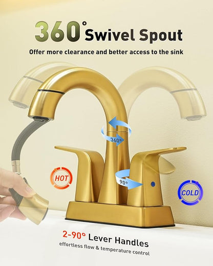 Brushed Gold Bathroom Faucet 4 Inch Centerset 3 Hole, 2 Handle Faucet with Heat-Resistant Pull-Out Sprayer, 360° Swivel Spout & Pop-Up Drain, BF-116B