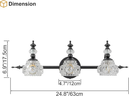 Bathroom Vanity Light Fixtures, Farmhouse Vintage Wall Sconce Lighting with Glass Shade, Bath Vintage Wall Mounted Lamps for Mirror (3 Lights,Matte Black,G9 Base)