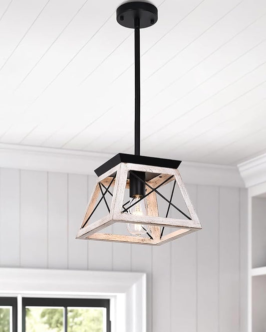 Luupyia Farmhouse Pendant Light Fixture, Height Adjustable, White Small Rustic Pendant Lighting, Farmhouse Island Lighting Fixtures Hanging for Entryway Kitchen Hallway