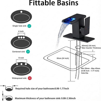 AVSIILE LED Bathroom Sink Faucet, Matte Black Waterfall Single Hole Handle Vanity Faucets for Sinks 1 Hole with Metal Pop Up Drain and 2 Water Supply Lines, Side Handle