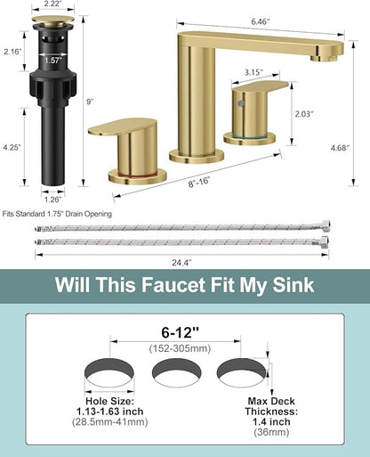 BWE 2 Pack Brushed Gold Bathroom Faucet 3 Hole, 8 Inch Widespread Gold Bathroom Faucets with Pop-up Drain and Supply Lines, 360° Swivel Spout 2-Handle Sink Faucet for Bath Vanity