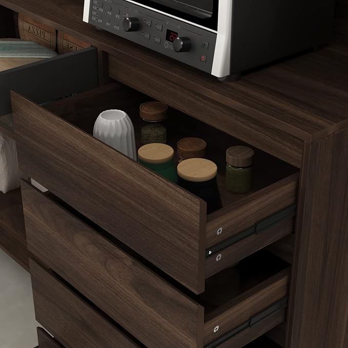 ECACAD Freestanding Kitchen Pantry Storage Cabinet with Glass Doors, Shelves & Drawers, Modern Sideboard Buffet Cabinet, Wood Kitchen Cupboard with Hutch and Hooks, Dark Brown
