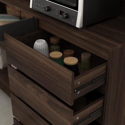ECACAD Freestanding Kitchen Pantry Storage Cabinet with Glass Doors, Shelves & Drawers, Modern Sideboard Buffet Cabinet, Wood Kitchen Cupboard with Hutch and Hooks, Dark Brown