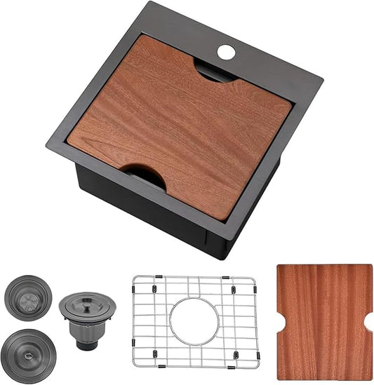 Friho Drop in Black Bar Sink, 15 x 15 Inch Stainless Steel Single Bowl Topmount Kitchen Sink, Handmade Bar Prep Sink,Outdoor Rv Single Bowl Kitchen Bar Sink with Cutting Board