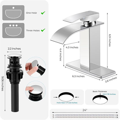 Chrome Bathroom Faucets, Waterfall Bathroom Sink Faucet Modern Single Handle Bathroom Faucte 1 or 3 Hole, RV Mixer Tap Vanity Faucet - Includes Pop-up Drain Supply Hoses Deck Plate