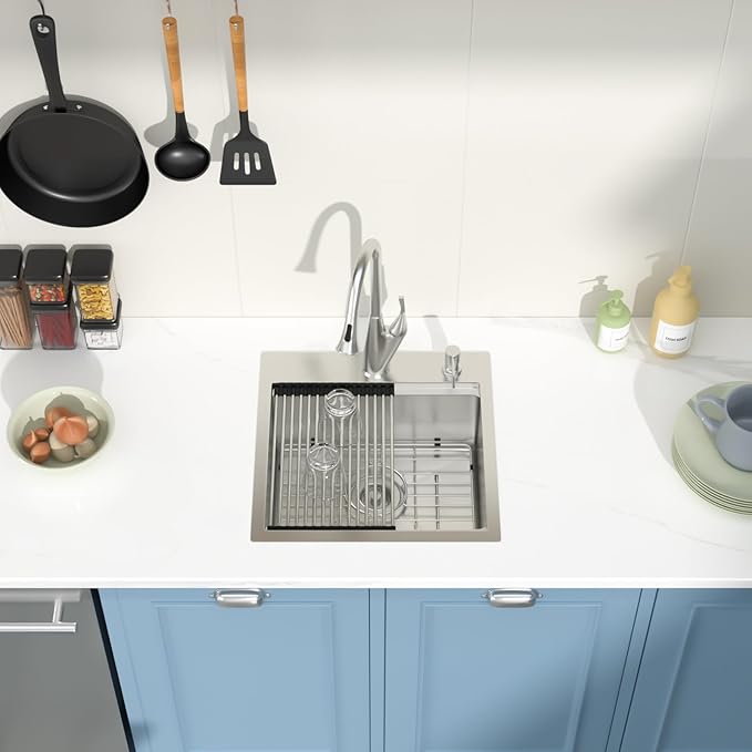 Drop in Bar Sink Workstation 18x18 Inch 16 Gauge Stainless Steel Handmade Topmount Kitchen Sink Single Bowl - 8 Inches Deep
