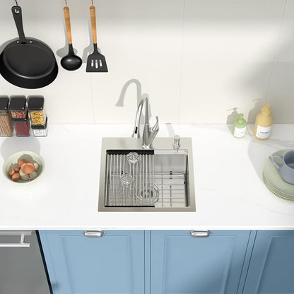 Drop in Bar Sink Workstation 18x18 Inch 16 Gauge Stainless Steel Handmade Topmount Kitchen Sink Single Bowl - 8 Inches Deep