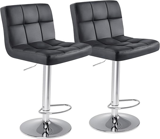 Sweetcrispy Bar Stools Set of 2, Armless PU Leather Adjustable Swivel Barstools, Hydraulic Kitchen Counter Height Thickened Seat Cushion Square Island Countertop Chairs with Back, Black