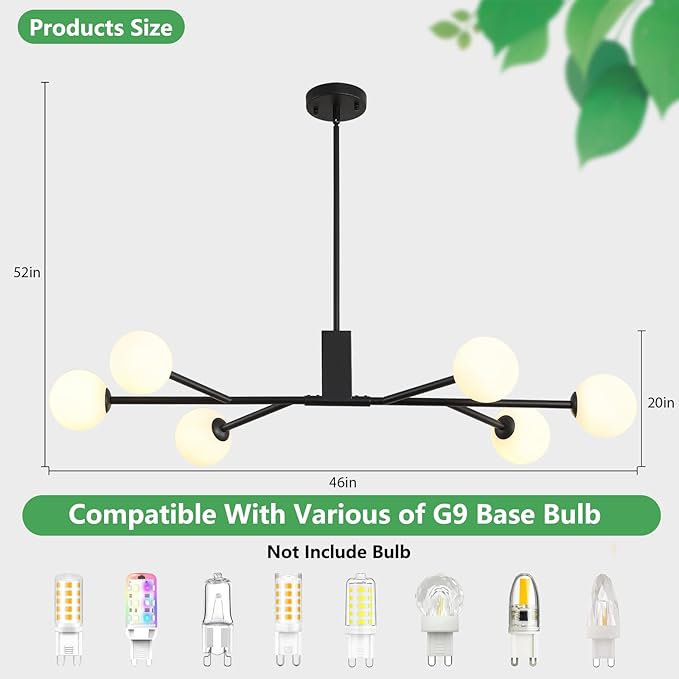 Modern Black Sputnik Island Light, 6-Light Glass Linear Chandelier for Dining Room, 46'' Ceiling Pendant Light Fixture with Globe Lampshade, Large Hanging Lamp Over Table, Bar, G9 Base