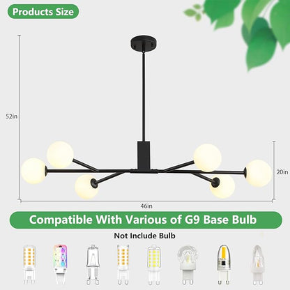 Modern Black Sputnik Island Light, 6-Light Glass Linear Chandelier for Dining Room, 46'' Ceiling Pendant Light Fixture with Globe Lampshade, Large Hanging Lamp Over Table, Bar, G9 Base