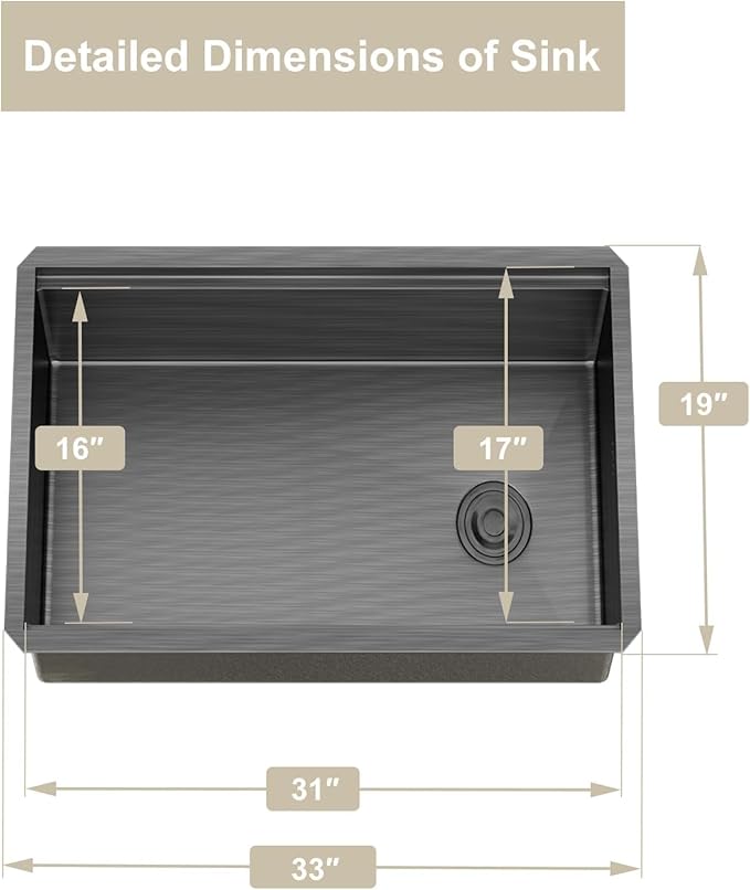 33 Inch Black Stainless Steel Undermount Single Bowl Sinks,33x19x9 Inch Deep Sink, 16 Gauge Workstation Kitchen Sinks, Modern Undermount Kitchen Sink with Ledge and Accessories