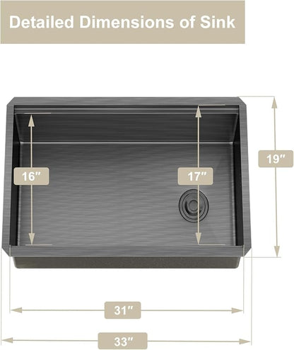 33 Inch Black Stainless Steel Undermount Single Bowl Sinks,33x19x9 Inch Deep Sink, 16 Gauge Workstation Kitchen Sinks, Modern Undermount Kitchen Sink with Ledge and Accessories