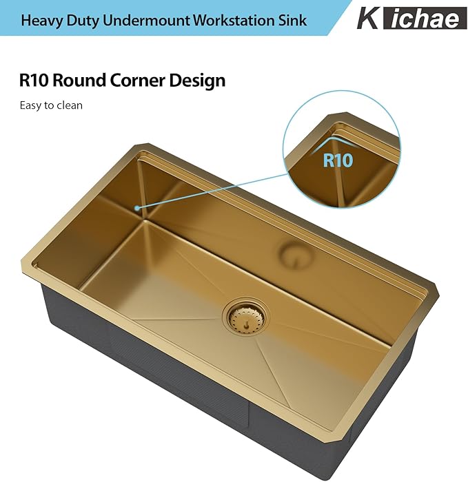 30 Inch Gold Undermount Kitchen Sink - Kichae 30 x 18 Stainless Steel Undermount Sink Ledge Workstation 16 Gauge Single Bowl Round Corner Handmade Deep Bowl with Cutting Board