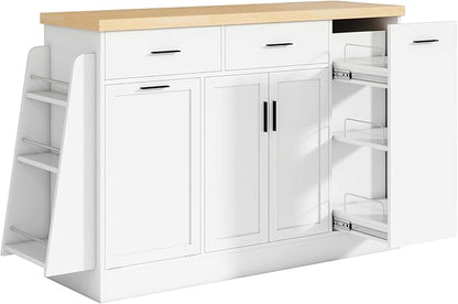 Multi-Functional Kitchen Sideboard with Trash Can Storage, Sliding Door Cabinet and 3-Tier Spice Rack, Kitchen Island Table with Drawers for Kitchen, Dining Room,WhiteParticleBoardMD