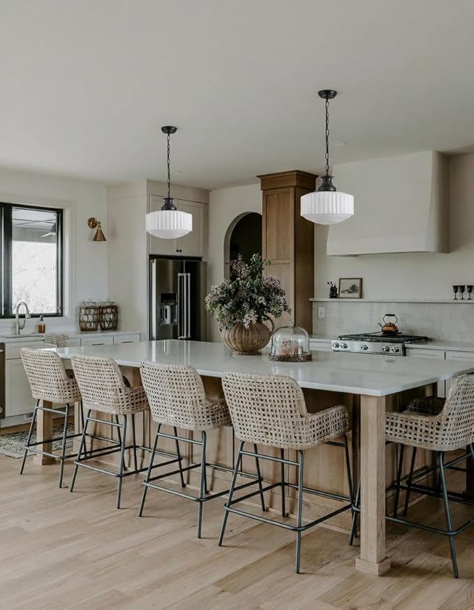 Vintage Ribbed Milk Glass Pendant Light Fixture, Mid‑Century Modern Chandelier, Antique Schoolhouse Pendant Lights for Kitchen Island, Dining Room, Entryway, Hallway, E26 Base,Matt Black