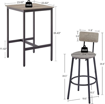 Square Bar Stool Table Set of 2, Dinner Table Set Upholstered Seat with Backrest, Comfortable PU Padded Seat, Height Coffee Kitchen Table Set with Strong Iron Frame Supports 350 lbs, Rustic Brown