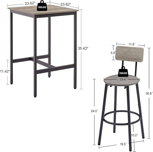 Square Bar Stool Table Set of 2, Dinner Table Set Upholstered Seat with Backrest, Comfortable PU Padded Seat, Height Coffee Kitchen Table Set with Strong Iron Frame Supports 350 lbs, Rustic Brown