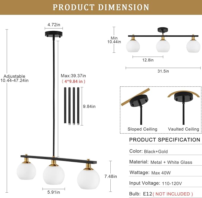 Island Lights for Kitchen Black and Gold Chandelier 3-Light Mid Century Modern Dining Room Light Fixtures Over Table with Opal Glass Shades Hanging Linear Pendant Lighting for Kitchen Island Foyer Bar