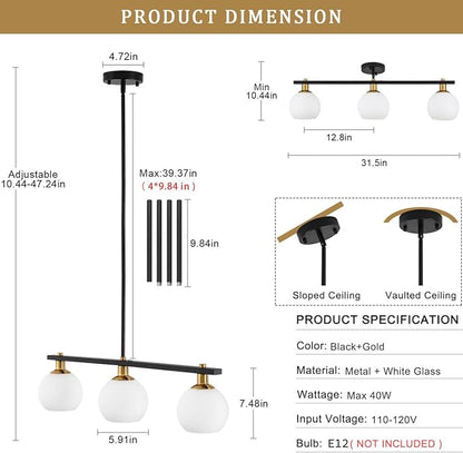 Island Lights for Kitchen Black and Gold Chandelier 3-Light Mid Century Modern Dining Room Light Fixtures Over Table with Opal Glass Shades Hanging Linear Pendant Lighting for Kitchen Island Foyer Bar
