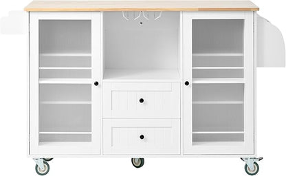 GOWE Mobile Kitchen Island Storage Trolley Cart on Wheels with Dropleaf Top, Towel/Spice Rack,2 Drawers, 2-Door Cabinet, White