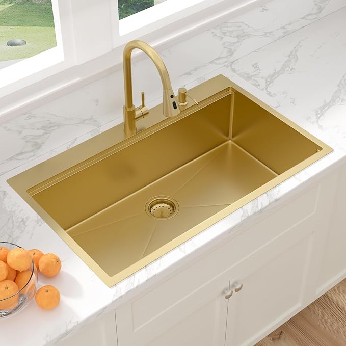 Sarlai 36 Gold Drop In Sink - 36x22 Inch Drop In Kitchen Sink Gold Ledge Workstation Sinks 16 Gauge Stainless Steel Single Bowl Topmount Sinks Basin