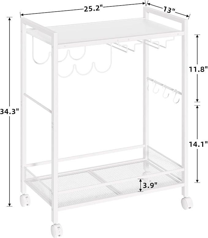 Joaxswe Bar Cart, Home Bar Serving Cart with 2-Tier Shelf,Rolling Beverage Cart with Wheels,Mobile Kitchen Shelf,Modern Wine Drink Cart with Wine Rack and Glass Holder for Kitchen,Dinning Room,White