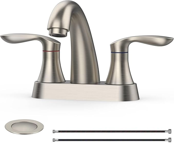 Bathroom Faucet, 4 Inch Bathroom Faucets for Sink 3 Hole, Centerset Bathroom Sink Faucet with Pop Up Drain and cUPC Lead-Free Hose(Brushed Nickel)