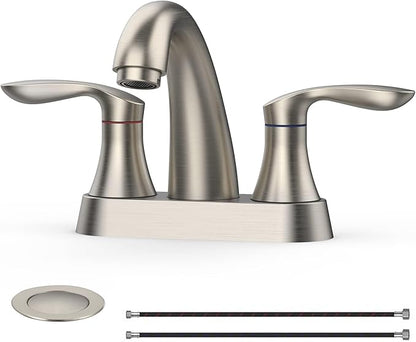 Bathroom Faucet, 4 Inch Bathroom Faucets for Sink 3 Hole, Centerset Bathroom Sink Faucet with Pop Up Drain and cUPC Lead-Free Hose(Brushed Nickel)