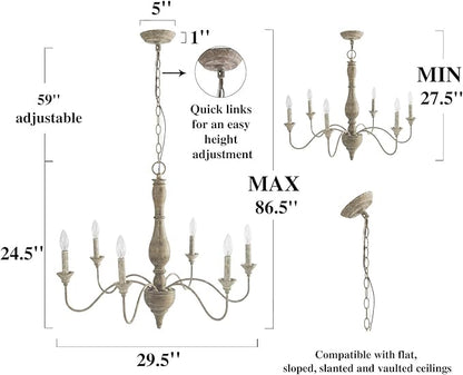 LNC French Country Chandeliers Wood 6 Lights Rust Arms for Dining, Bedroom, Living Room and Bathroom, Brown Lamp Body Size:D29.5 xH24.5