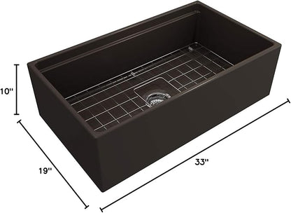 BOCCHI Contempo Workstation Apron Front Step Rim Fireclay 33 in. Single Bowl Kitchen Sink with Accessories in Matte Brown