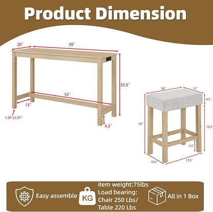 59 inch Bar Table and Chairs Set with with Power Outlet, Industrial Counter Height Bar Table with 3 Upholstered Stools,4 Pieces Space-Save Breakfast Table Set for Kitchen Dining Room Light Oak