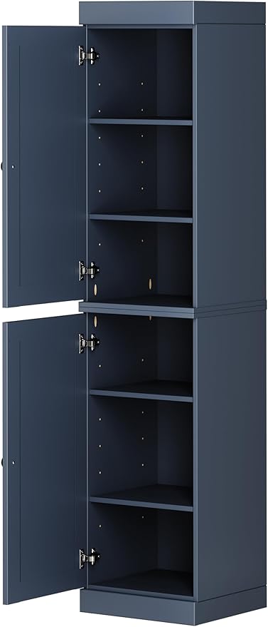 Palace Imports Solid Wood Kitchen Pantry - Narrow Storage Cabinet - Raised Panel Doors, Adjustable Shelves, Antique Blue, 16.5" Wide x 71.5" Tall, 100% Eco-Friendly Wood, Modular Cabinet