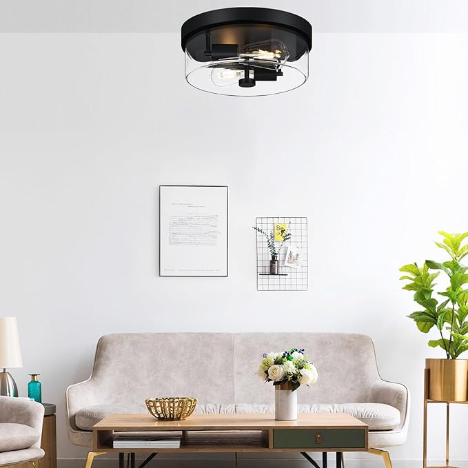 szzgco Flush Mount Ceiling Light Fixtures, 2-Light Black Ceiling Mount for Farmhouse with Clear Glass Lampshade, Industrial Flush Mount Light Fixture for Hallway, Kitchen, Entryway and Foyer