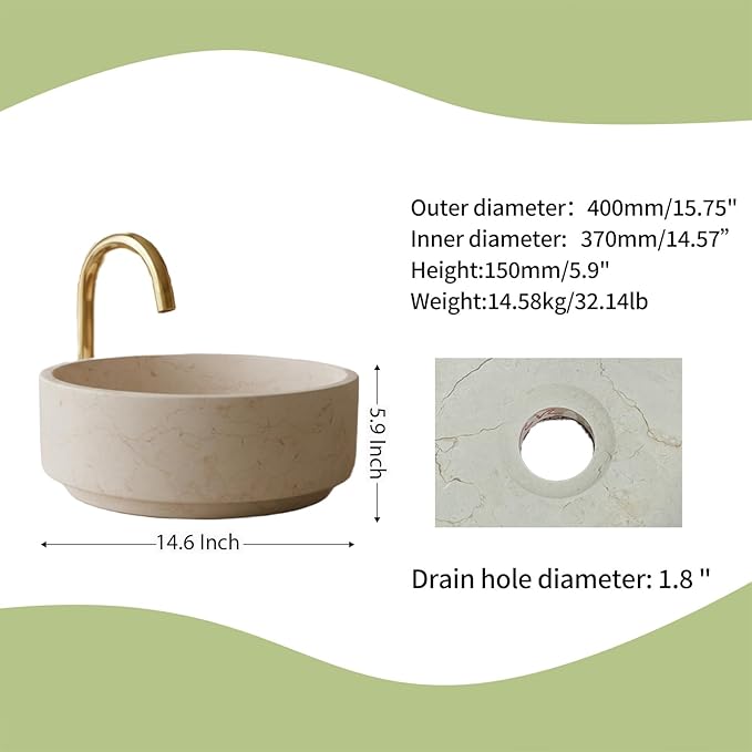 Natural Cream Stone Round Bathroom Vessel Sink,16 inch Beige Marble Bathroom Sink, Vanity Bowl Basin
