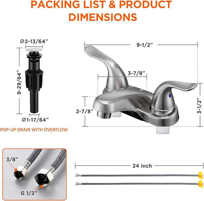 Bathroom Sink Faucets 2/3 Hole,Brushed Nickel Dual Handles 4 inch Plastic Plating Over Bathroom Faucet with Pop-up Drain and 2 Supply Hoses for Apartment Rvs Sink Vanity