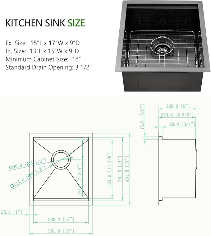 15 Black Inch Undermount Bar Sink, Swift Horse 15x17 Inch 16Gauge Black Stainless Steel Undermount Single Bowl Kitchen Bar Sinks With Cutting Board
