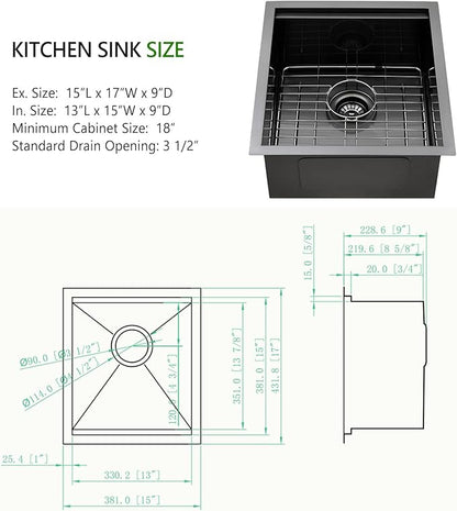 15 Black Inch Undermount Bar Sink, Swift Horse 15x17 Inch 16Gauge Black Stainless Steel Undermount Single Bowl Kitchen Bar Sinks With Cutting Board