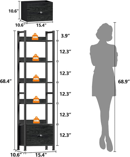 Furologee 6 Tier Bookshelf, Tall Shelf with Drawer, Wood and Metal Bookshelves Storage Organizer, Industrial Display Shelving Unit for Bedroom, Living Room, Home Office, Black Oak