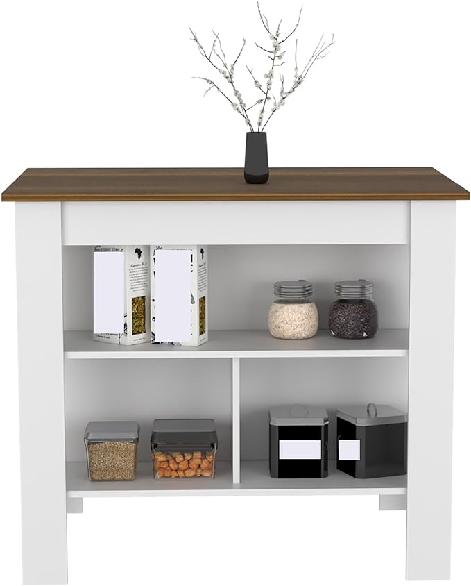 Kitchen Island Kitchen Table 35" H Four Legs with 3 Open Storage Shelves Wide Top for Meal Prep Spacious Leg Room Practical(Brown White)
