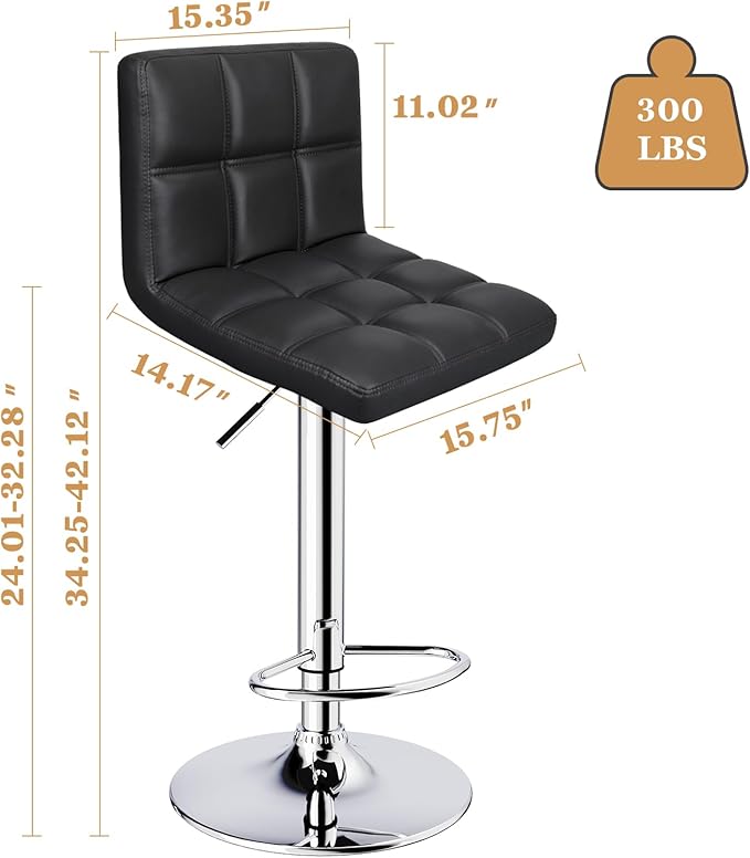 ERGOSEAT 6-Squares Back with Double Needle Adjustable Bar Stools, Set of 2, Black